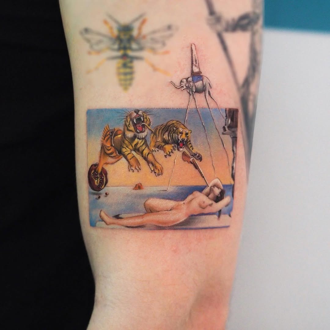 Surreal Dali-inspired tattoo with tigers Tattoo Design