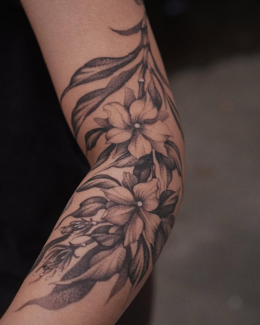 Elegant Sampaguita Flower Tattoo in Black and Gray Tattoo Design