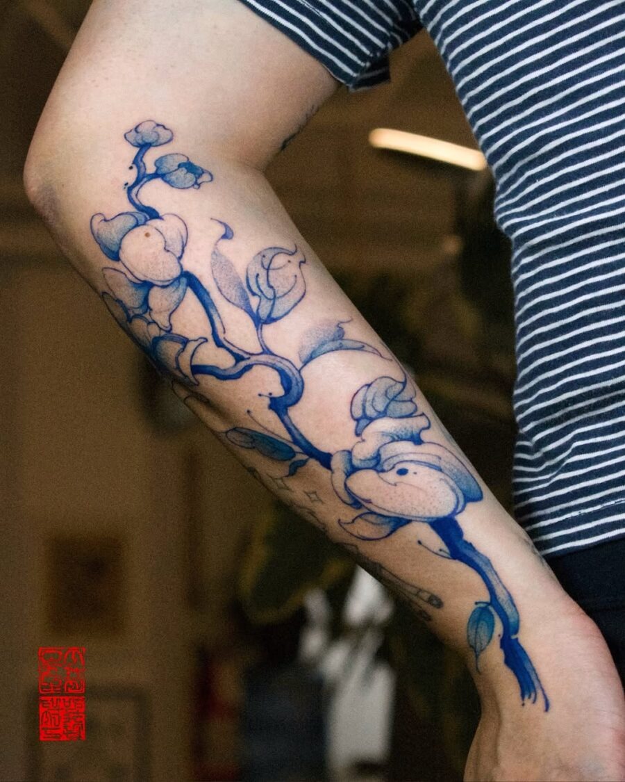 Elegant sampaguita tattoo design with blue hues. Tattoo Design