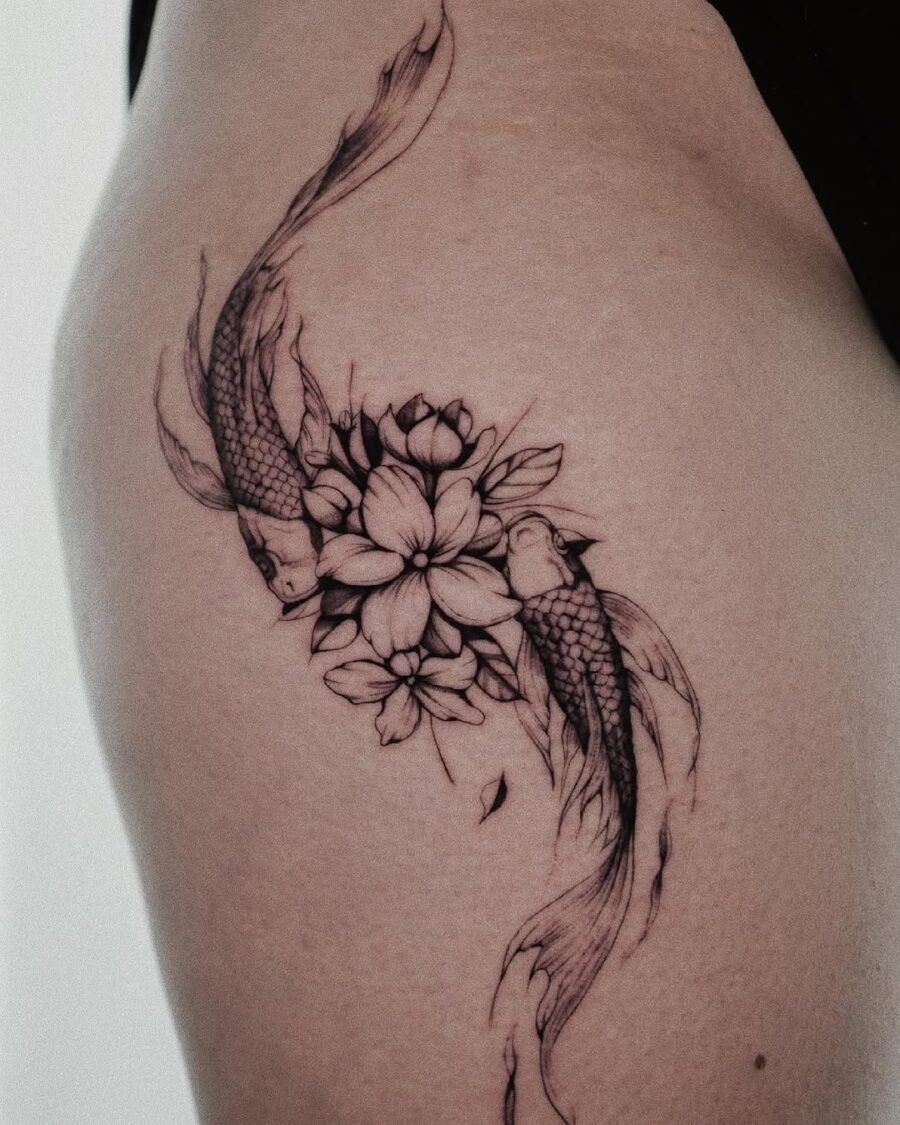 Elegant sampaguita tattoo with koi fish detail Tattoo Design