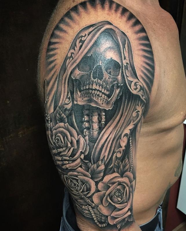 Santa Muerte with Clock of Mortality tattoo design