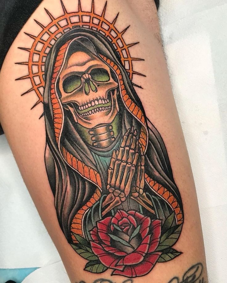 Santa Muerte with Radiant Sunburst and Rose Detail tattoo design