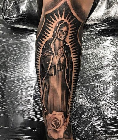 Santa Muerte Shrouded in Wings and Flames tattoo design