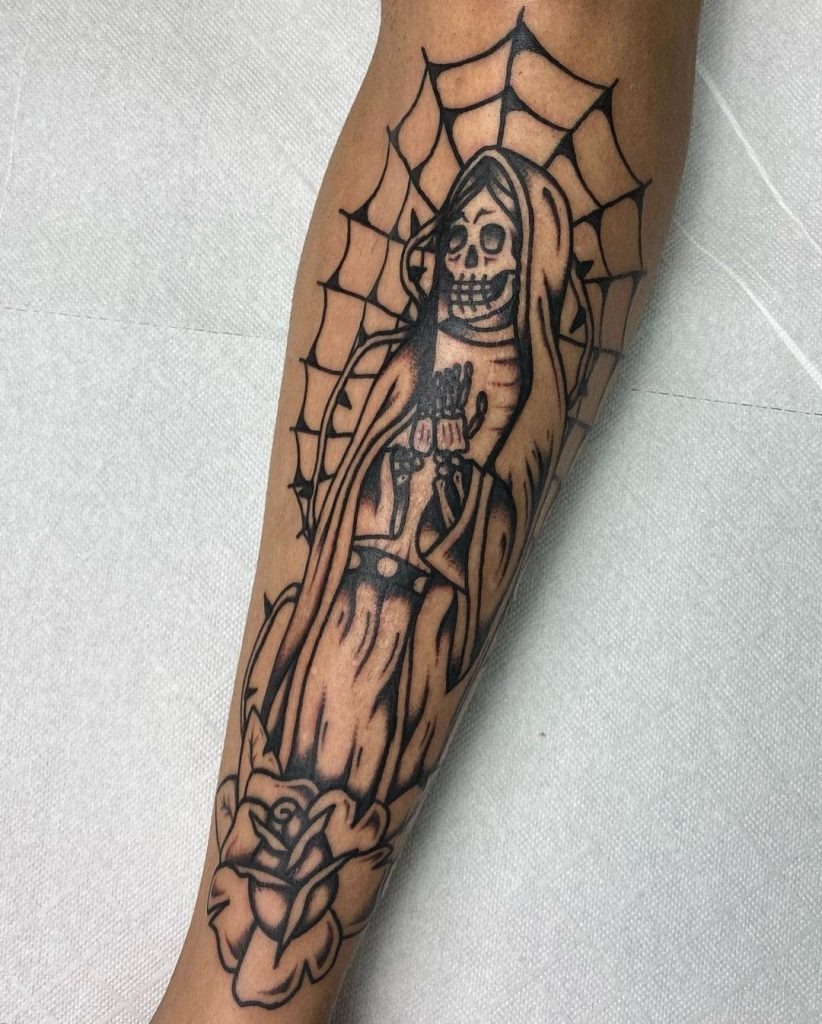 Webbed Santa Muerte with Delicate Rose tattoo design