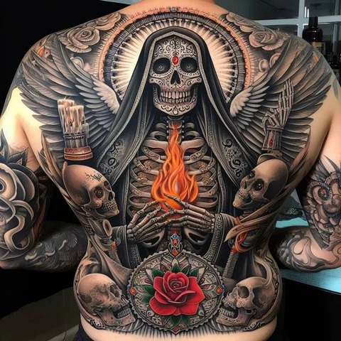 Colorful Santa Muerte in Flowing Robe tattoo design