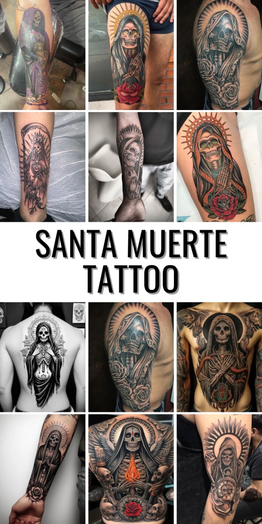 This tattoo emphasizes light and hope, showing Santa Muerte with hands clasped in prayer and a halo of light surrounding her.