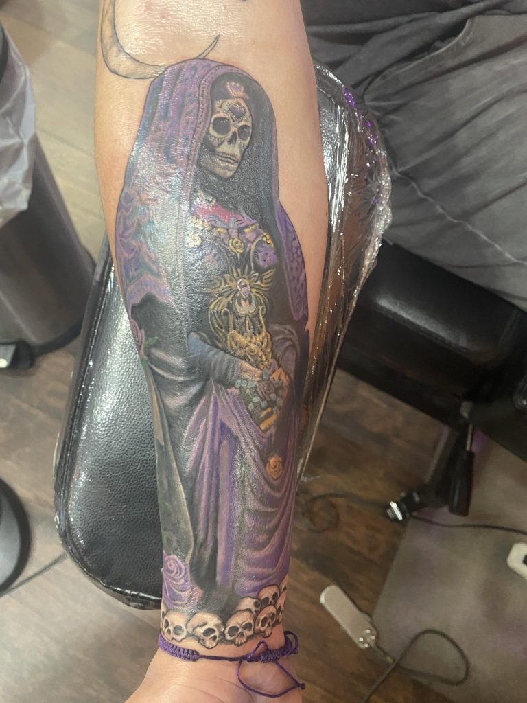 Crowned Santa Muerte with Sacred Heart tattoo design