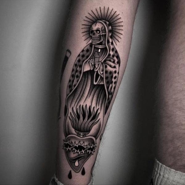 Sacred Santa Muerte with Flaming Heart tattoo design