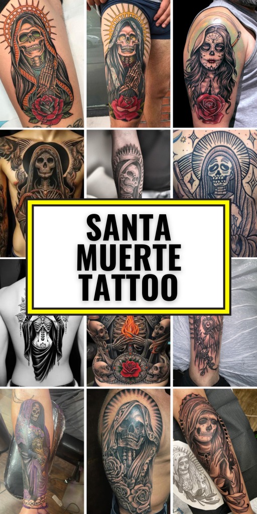 In this tattoo, Santa Muerte is intricately detailed with roses surrounding her, emphasizing themes of life, death, and beauty.