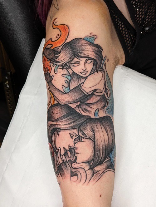 Dynamic Duality in Water and Fire Tattoo Design