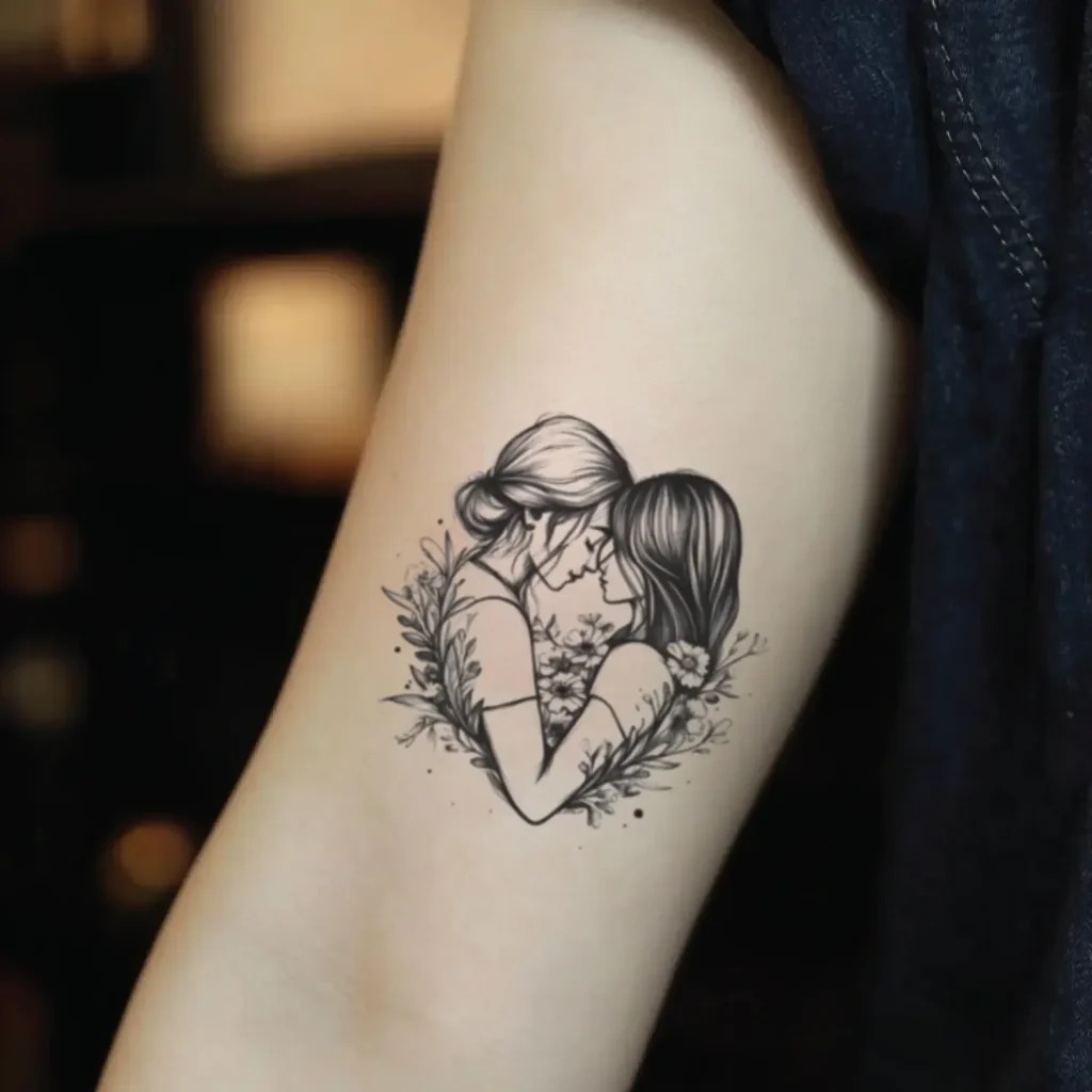 Heartfelt Embrace in Floral Harmony Tattoo Design
