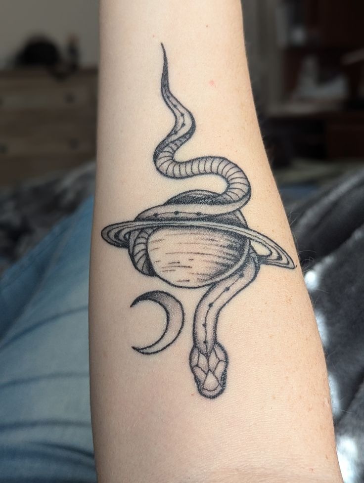 Saturn and Serpent Crescent Tattoo Design