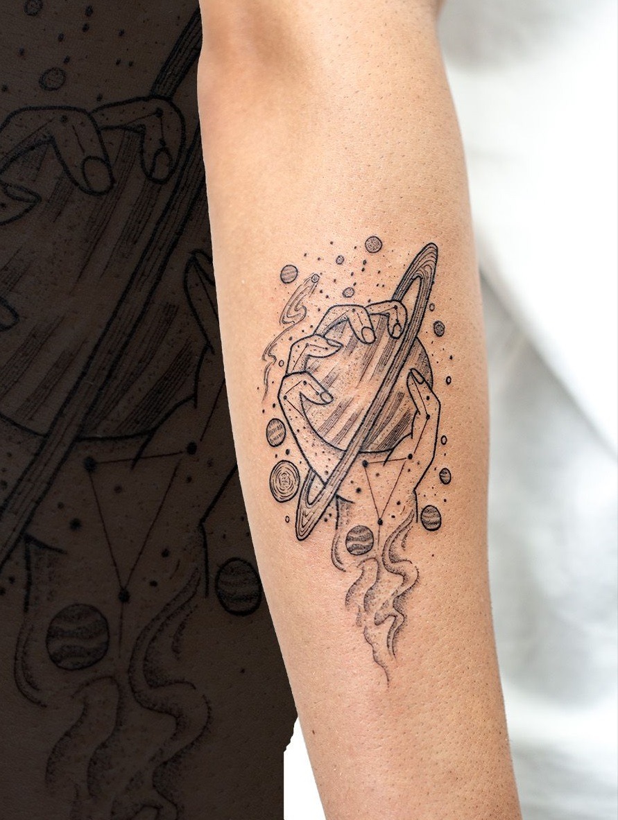 Sketchy Linework Saturn Burst Tattoo Design