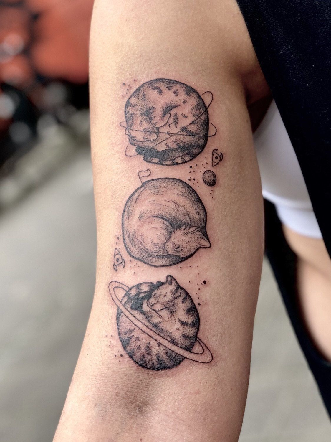Sleeping Cats as Planets with Saturn Tattoo Design