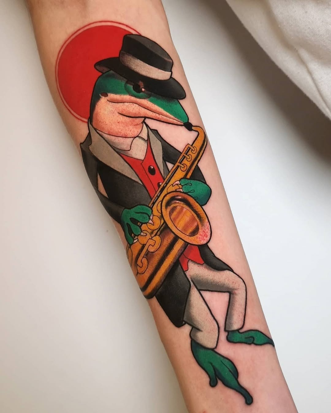 Colorful Frog Playing Saxophone Tattoo Tattoo Design