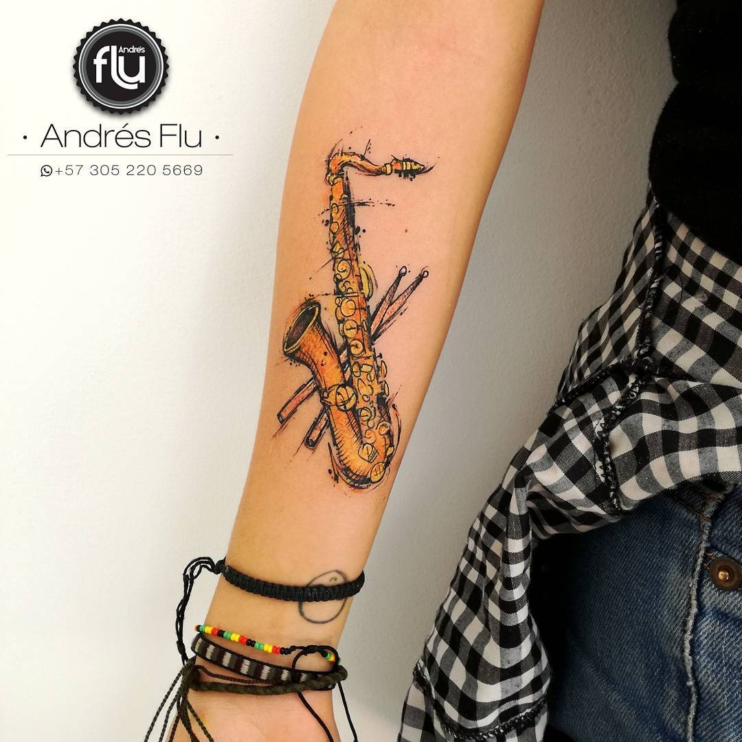 Colorful saxophone ink art with unique details Tattoo Design