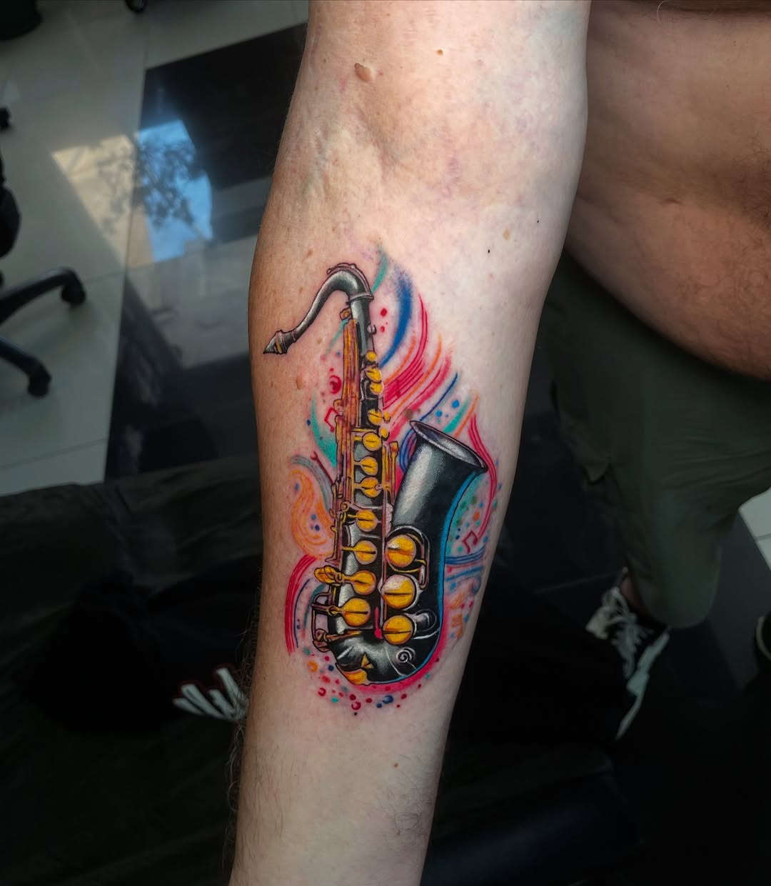 Colorful saxophone tattoo with vibrant details Tattoo Design