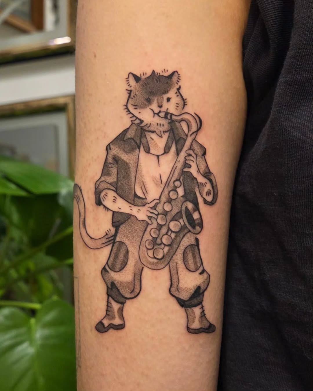 Whimsical cat playing saxophone tattoo art Tattoo Design