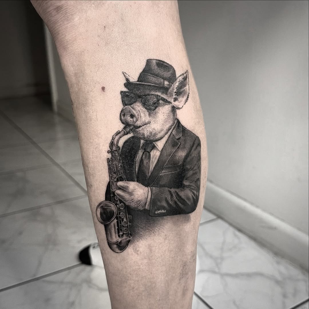 Whimsical pig playing saxophone tattoo art Tattoo Design
