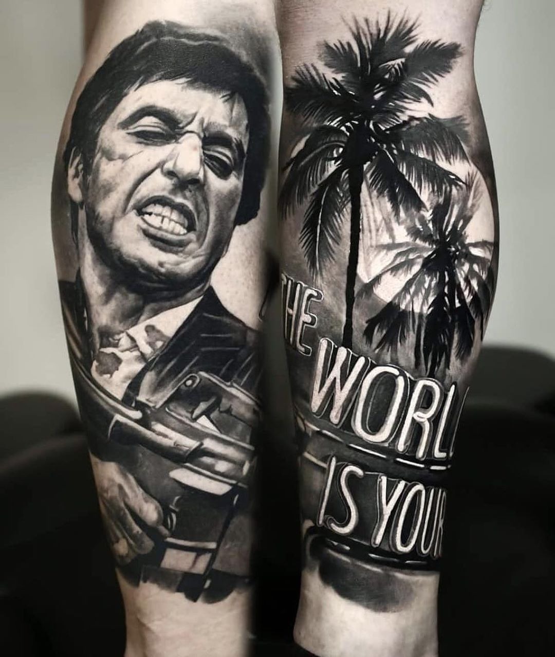 Full Forearm Scarface Title Piece Tattoo Design