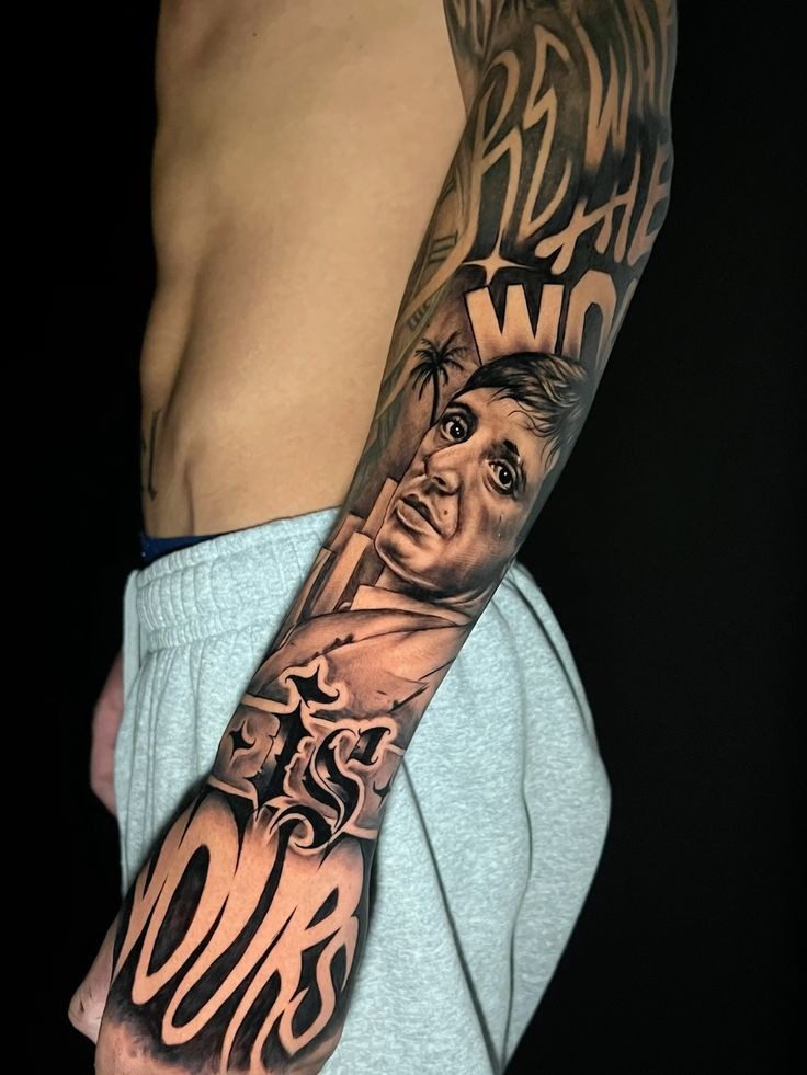 Scripted "Yours" Sleeve With Soft Tony Portrait Tattoo Design