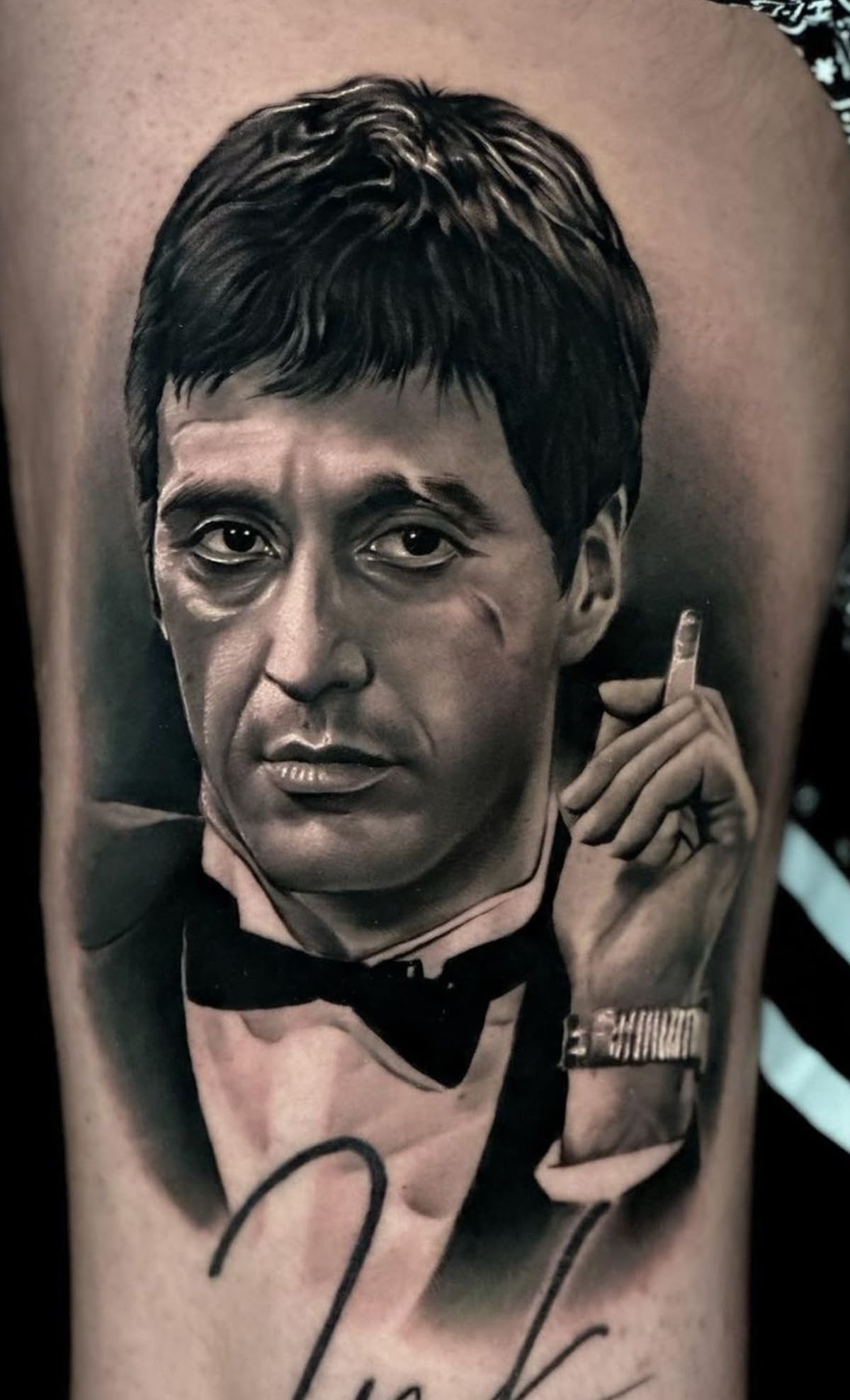 Smoky Tony Portrait on the Inner Arm Tattoo Design
