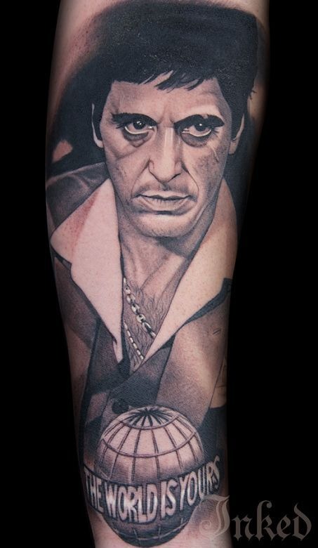 Tony With Rifle and Rising Globe Tattoo Design
