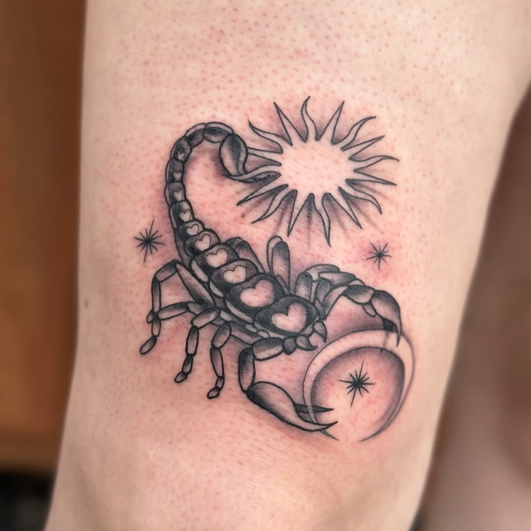 Elegant scorpio tattoo with celestial elements Tattoo Design
