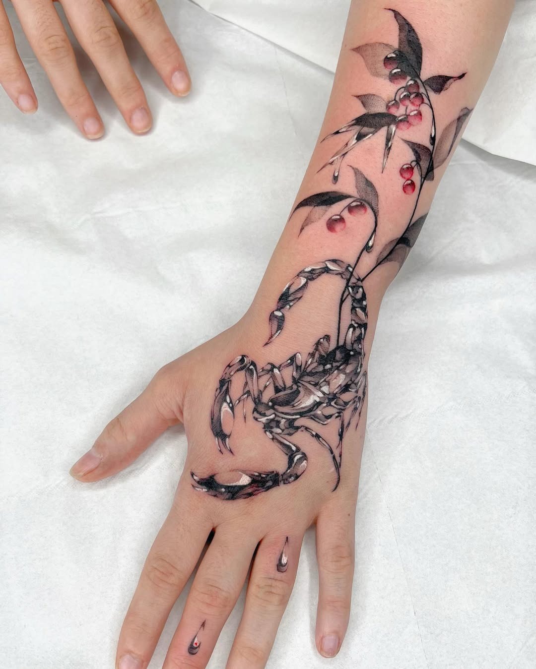 Intricate scorpion tattoo combined with floral designs Tattoo Design