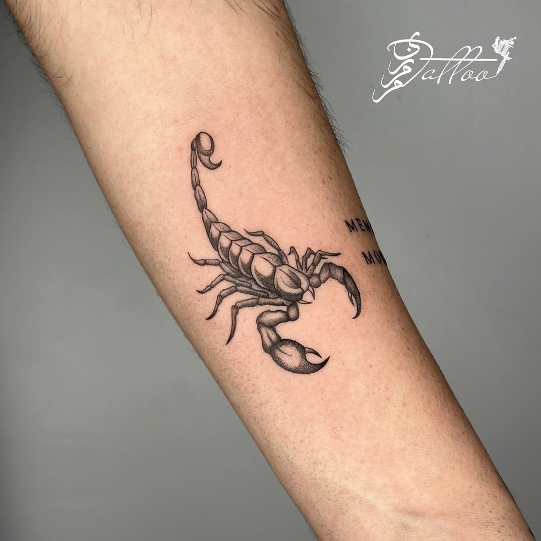 Sleek black ink scorpion tattoo on forearm Tattoo Design