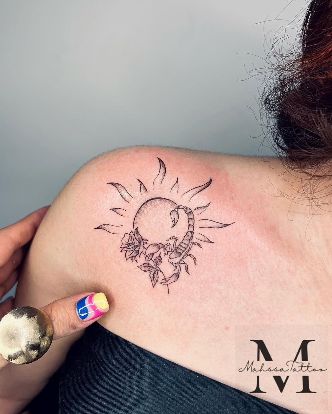 Stylish Scorpio tattoo with sun and flowers Tattoo Design