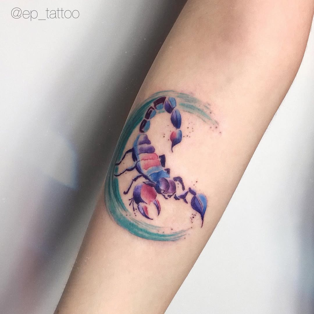 Vibrant scorpion tattoo with flowing waves Tattoo Design