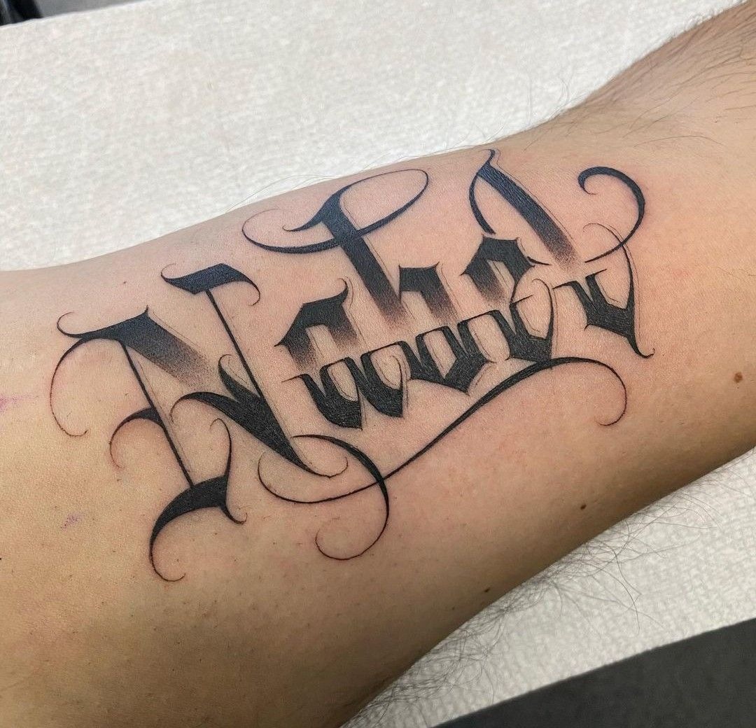 Bold Gothic Name Script Tattoo Tattoo Design