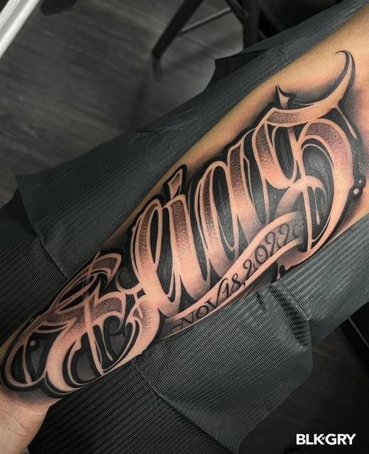 Gothic Name Script with Date Detail Tattoo Design