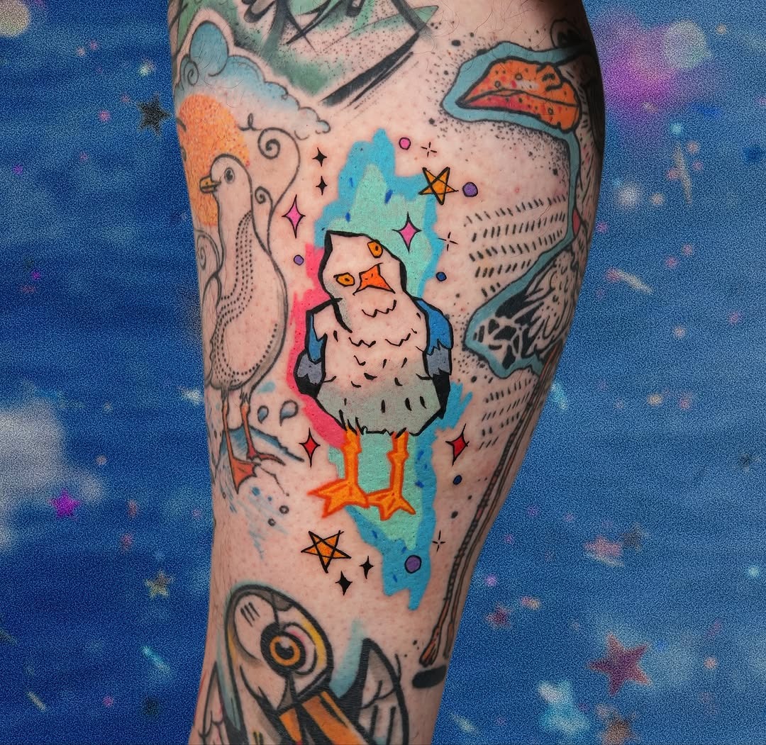 Vibrant Seagull Tattoo with a Playful Touch Tattoo Design