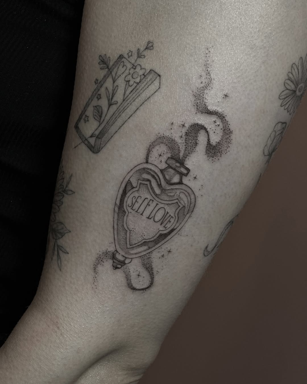 A Vintage Flask Capturing Self-Love Essence Tattoo Design