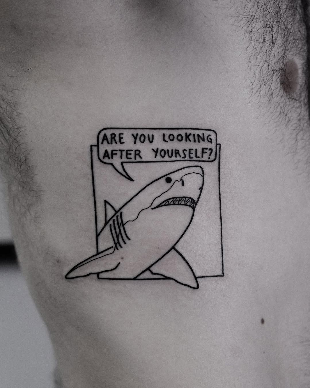 Quirky shark tattoo promoting self-care message Tattoo Design