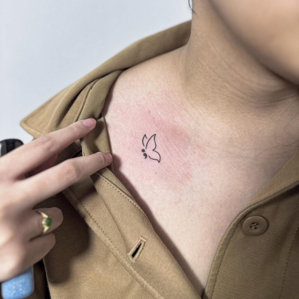 Semicolon Butterfly with Heart Accent Tattoo Design