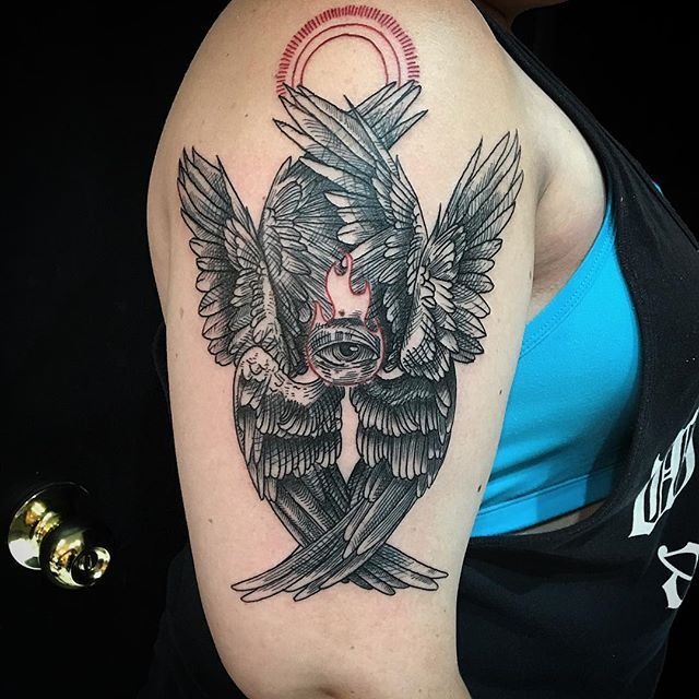 Seraphim with Halo and Radiant Wings Tattoo Design
