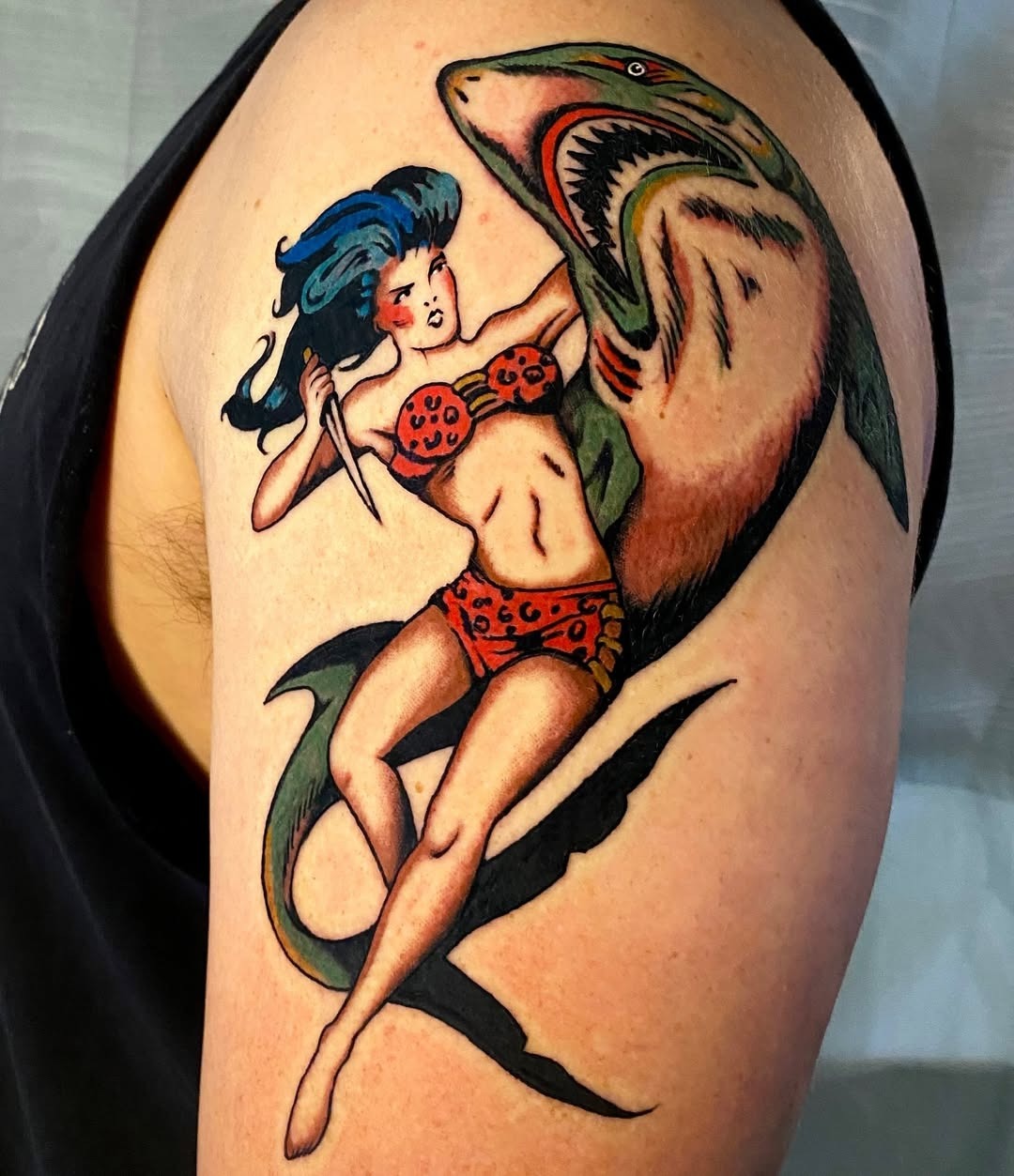 Bold and vibrant shark pinup tattoo design Tattoo Design