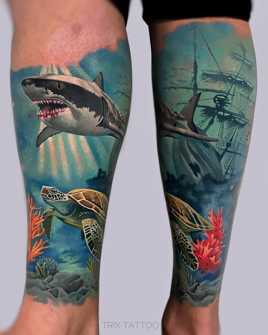 Bold shark tattoo with vibrant underwater scene Tattoo Design