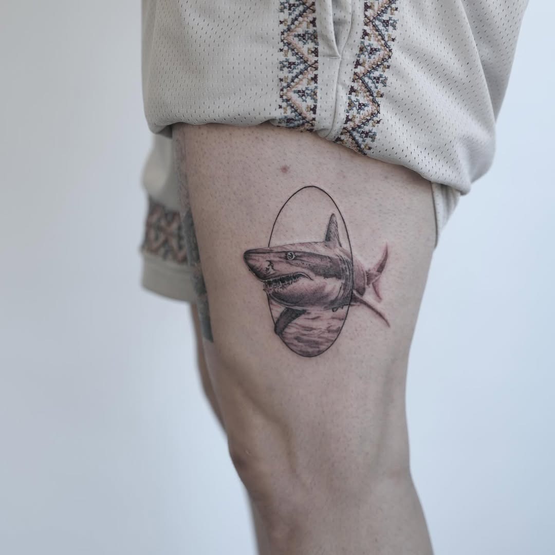 Detailed shark tattoo on thigh area Tattoo Design