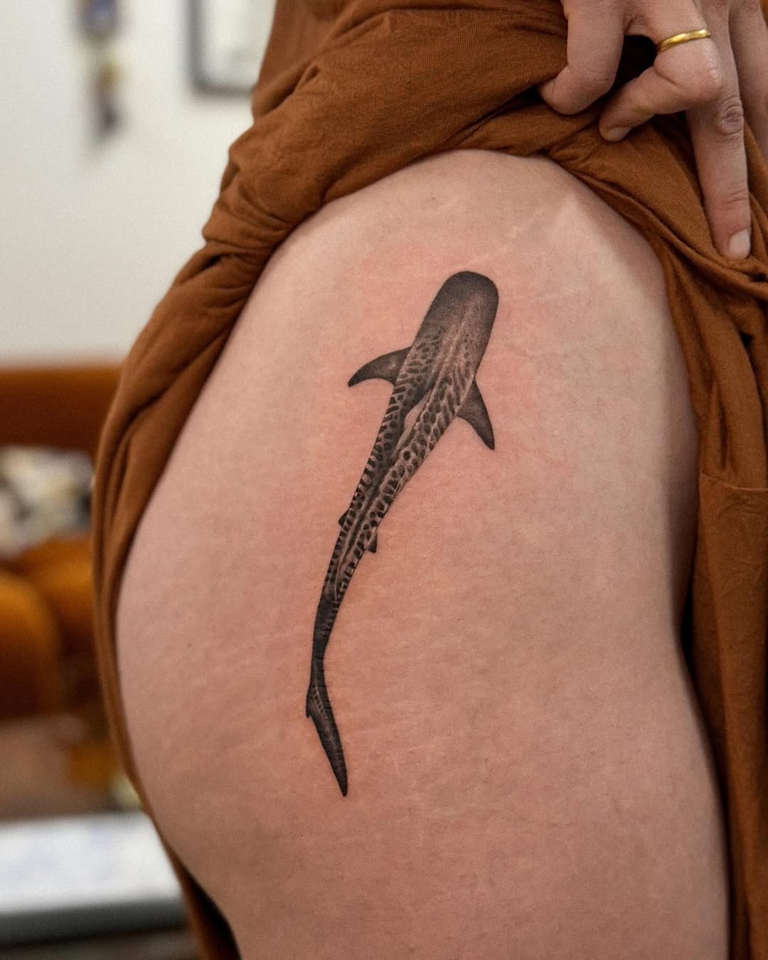 Elegant shark tattoo on the thigh Tattoo Design