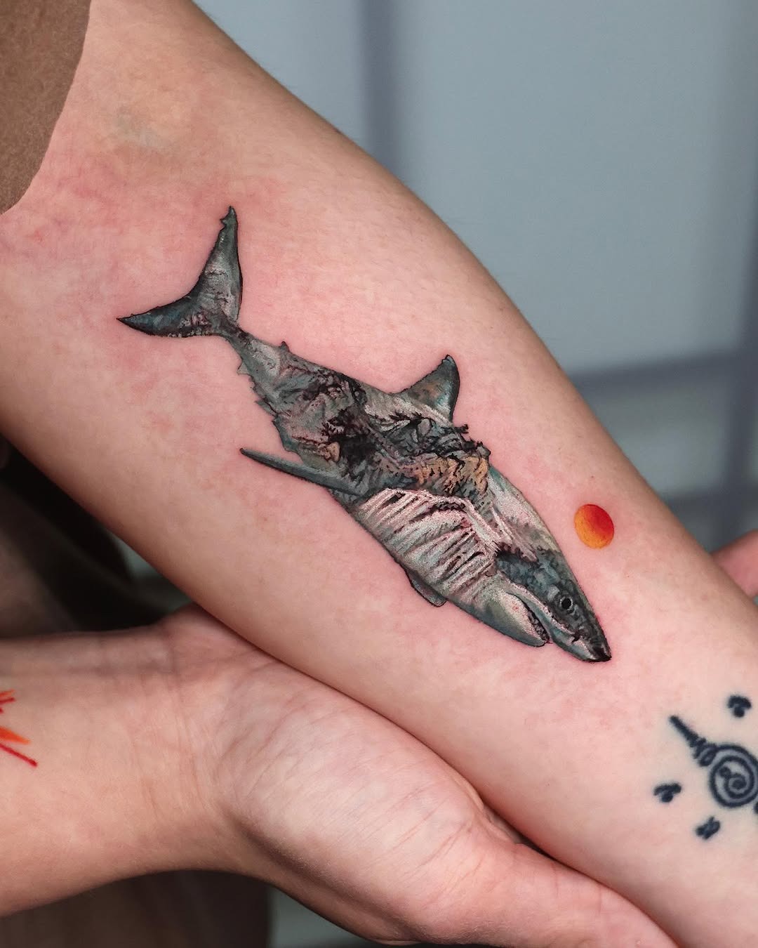 Intricate shark tattoo with vibrant colors Tattoo Design