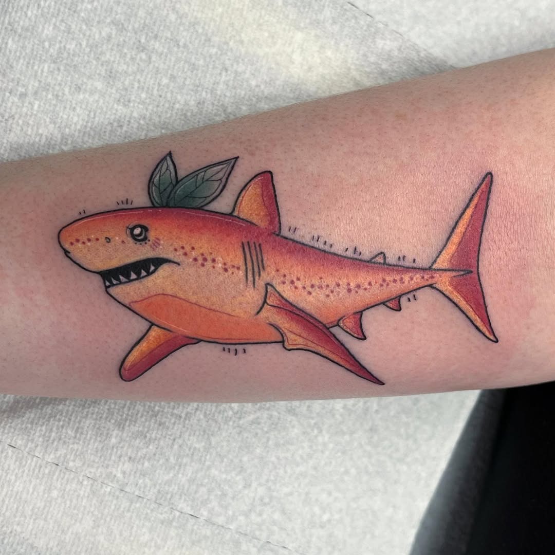 Playful shark tattoo with vibrant colors Tattoo Design