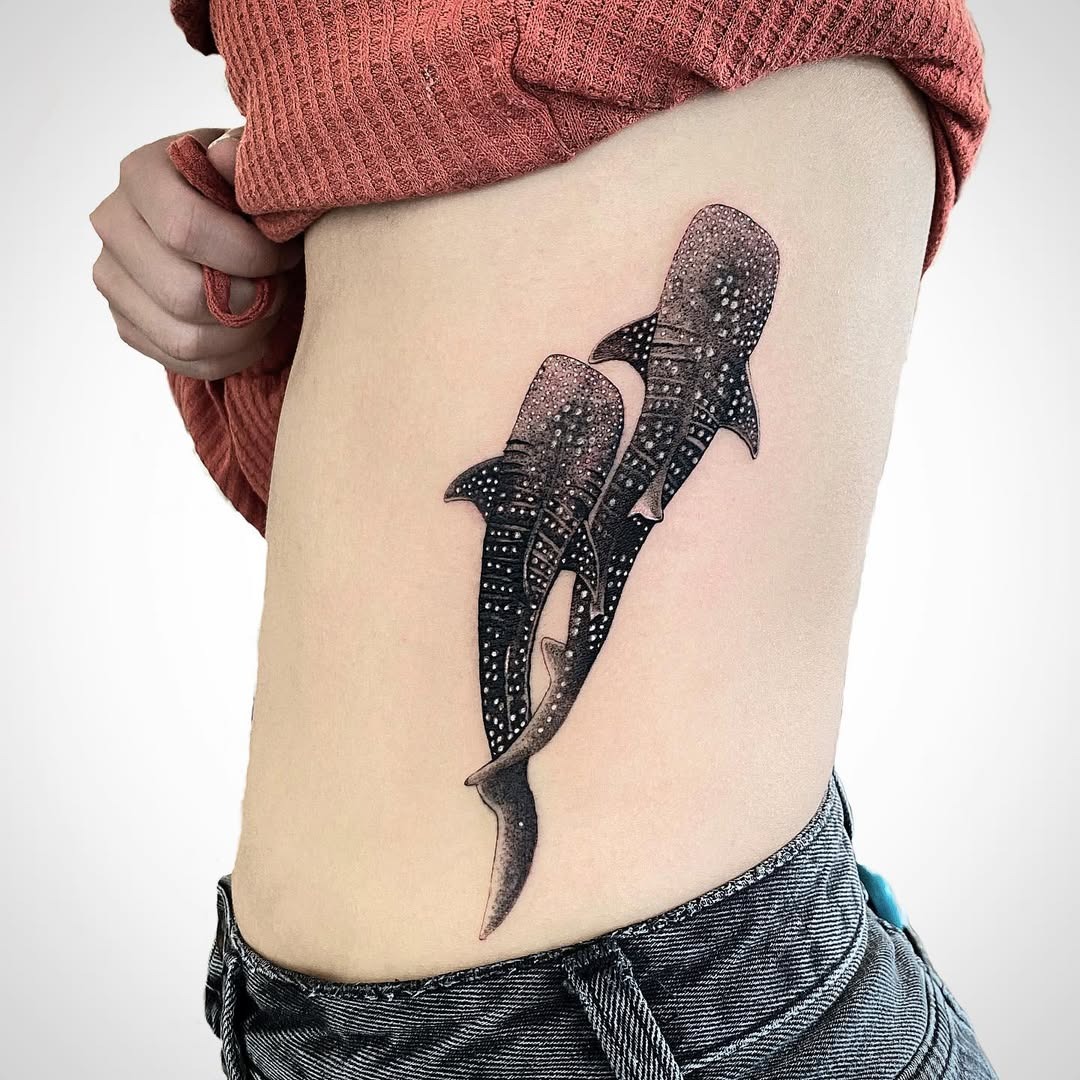 Stunning dual whale shark tattoos showcased beautifully Tattoo Design