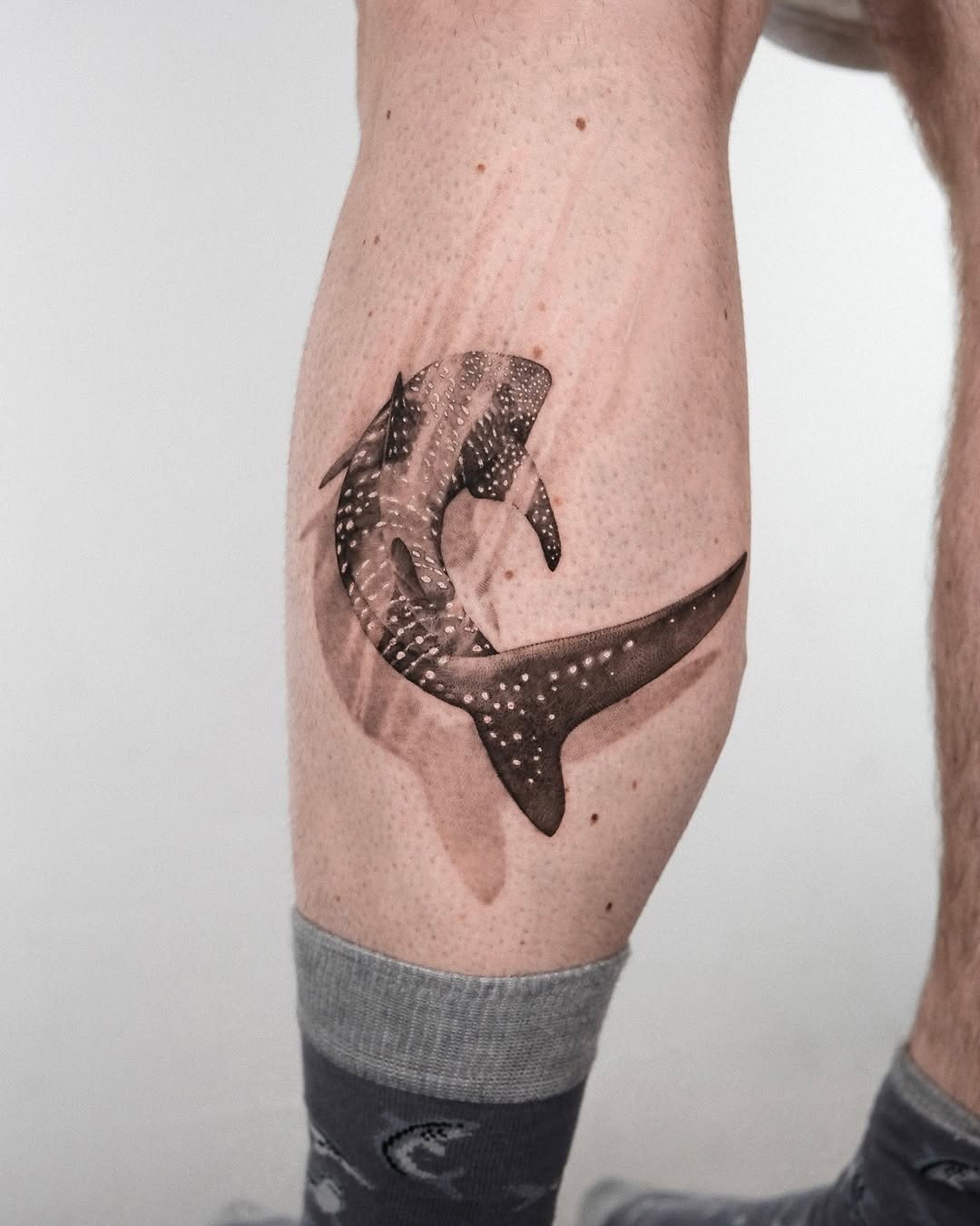 Stunning whale shark tattoo on leg Tattoo Design
