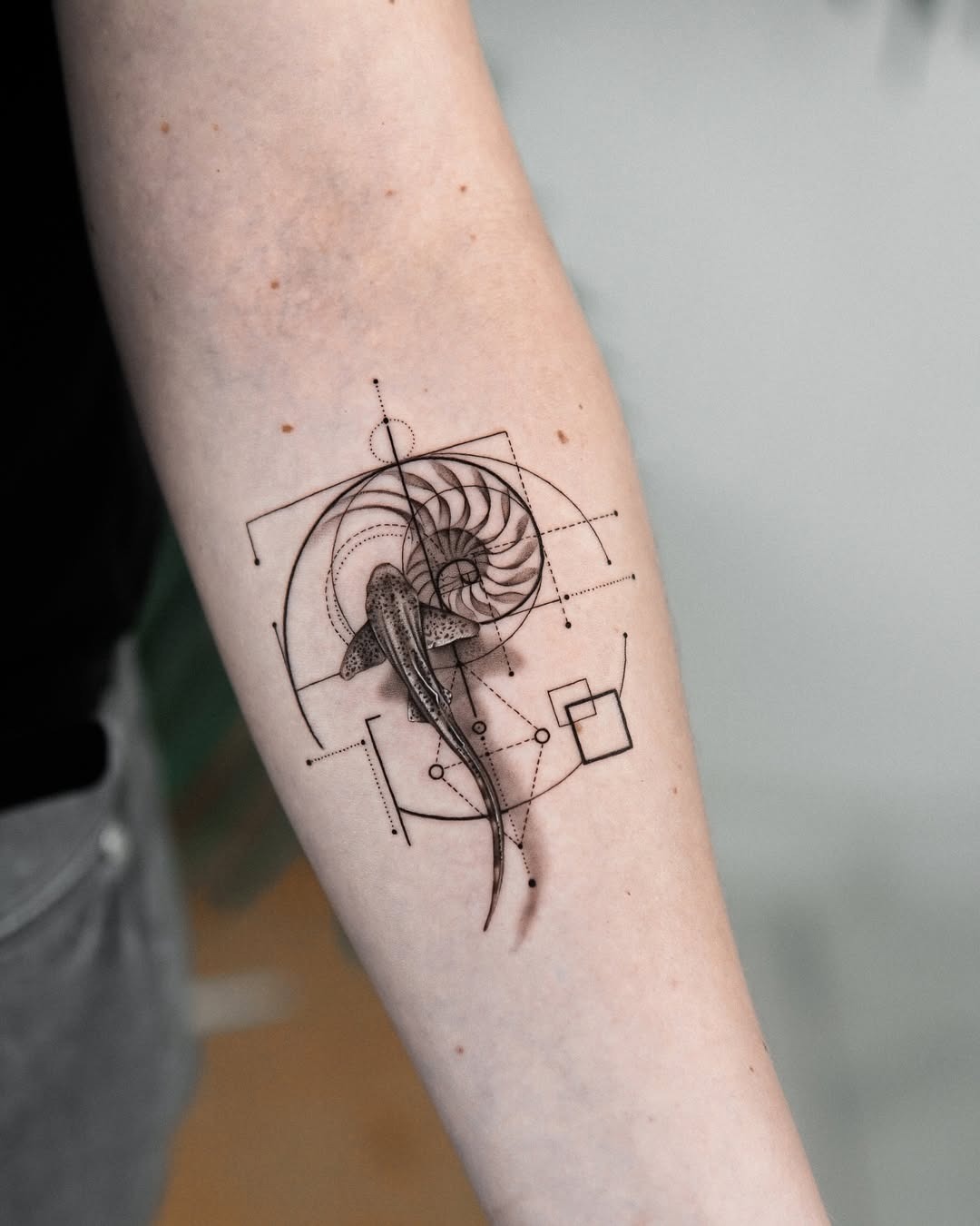 Stylish geometric shark tattoo on forearm Tattoo Design