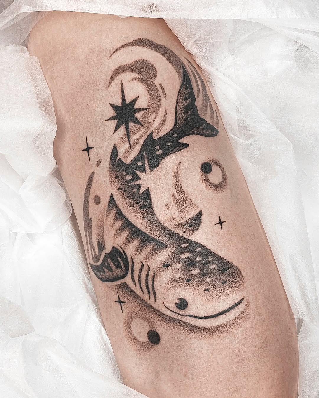Stylish shark tattoo with cosmic elements Tattoo Design