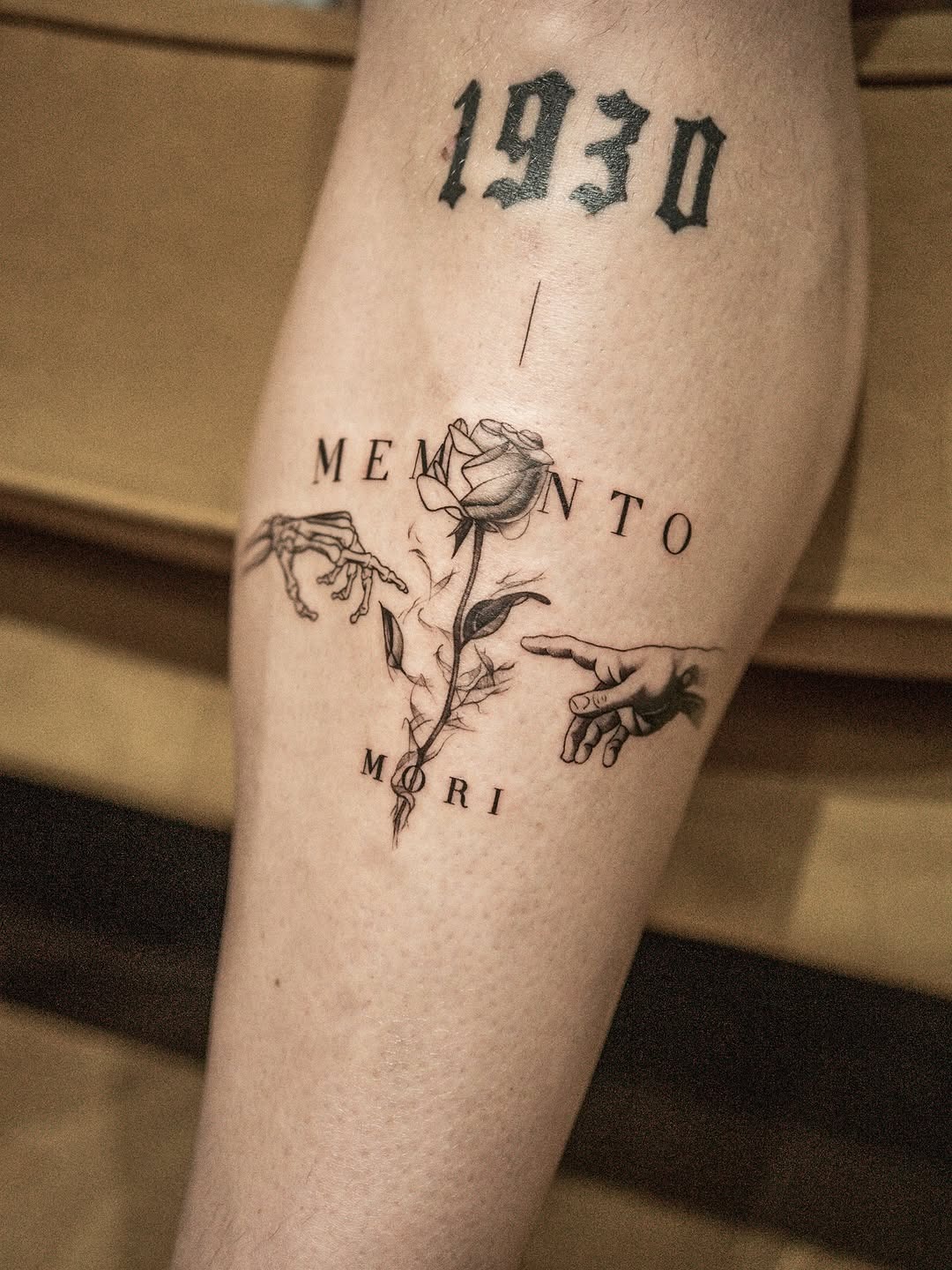 Intricate memento mori shin tattoo design Tattoo Design
